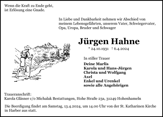 Traueranzeige von Jürgen Hahne von Peiner Allgemeine Zeitung