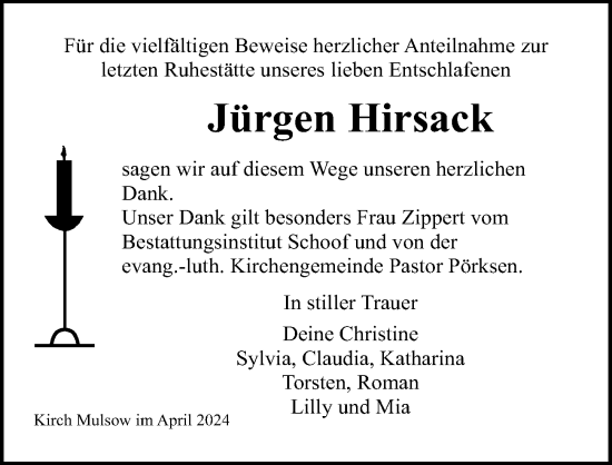 Traueranzeige von Jürgen Hirsack von Ostsee-Zeitung GmbH