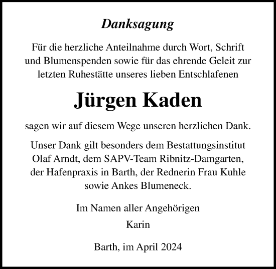 Traueranzeige von Jürgen Kaden von Ostsee-Zeitung GmbH