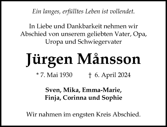 Traueranzeige von Jürgen Mänsson von Lübecker Nachrichten