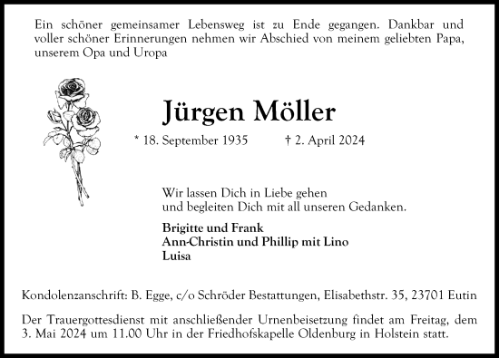 Traueranzeige von Jürgen Möller von Lübecker Nachrichten