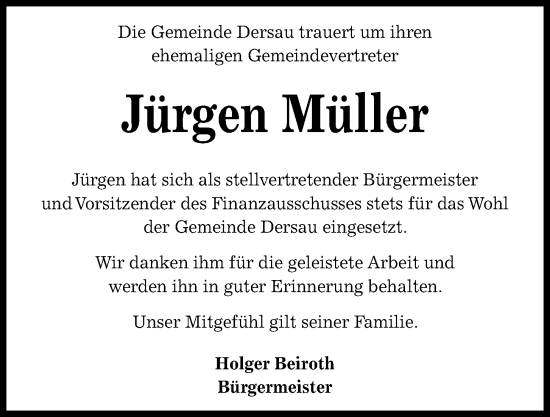 Traueranzeige von Jürgen Müller von Kieler Nachrichten