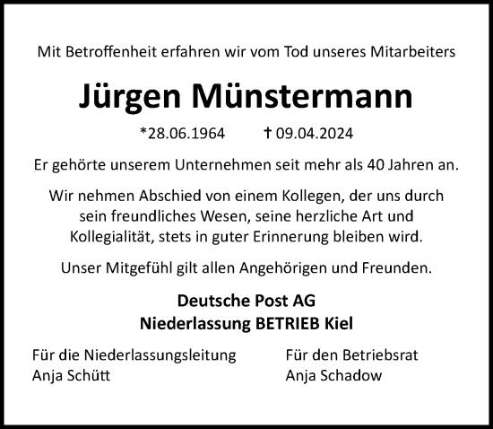 Traueranzeige von Jürgen Münstermann von Lübecker Nachrichten