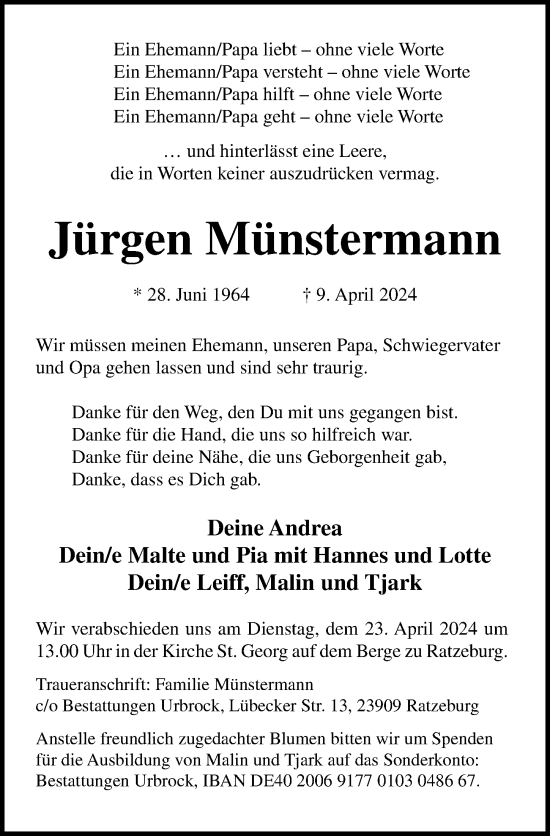 Traueranzeige von Jürgen Münstermann von Lübecker Nachrichten