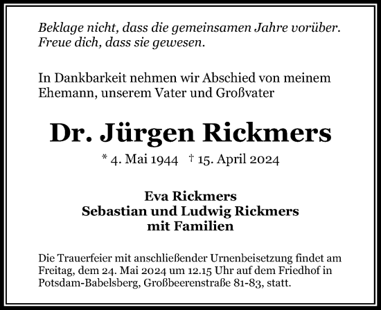 Traueranzeige von Jürgen Rickmers von Märkischen Allgemeine Zeitung