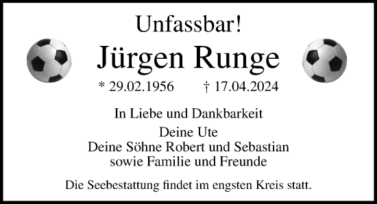 Traueranzeige von Jürgen Runge von Ostsee-Zeitung GmbH