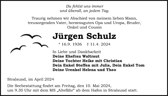 Traueranzeige von Jürgen Schulz von Ostsee-Zeitung GmbH
