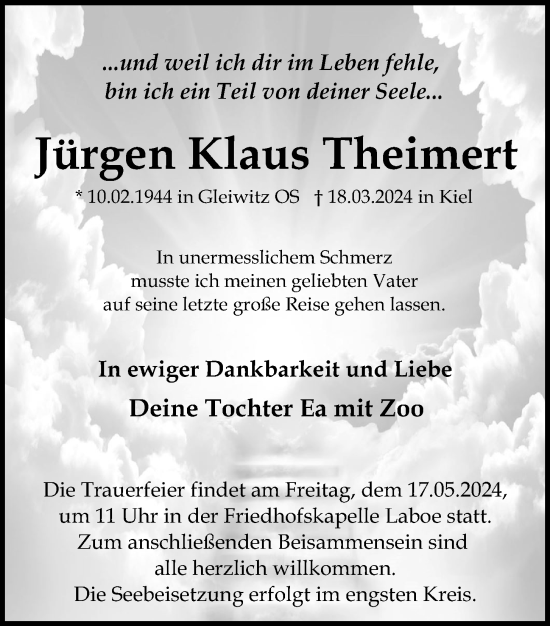 Traueranzeige von Jürgen  Theimert von Kieler Nachrichten