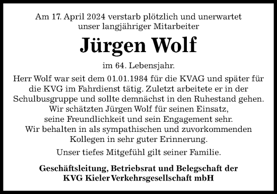 Traueranzeige von Jürgen Wolf von Kieler Nachrichten