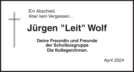Traueranzeige von Jürgen  Wolf von Kieler Nachrichten