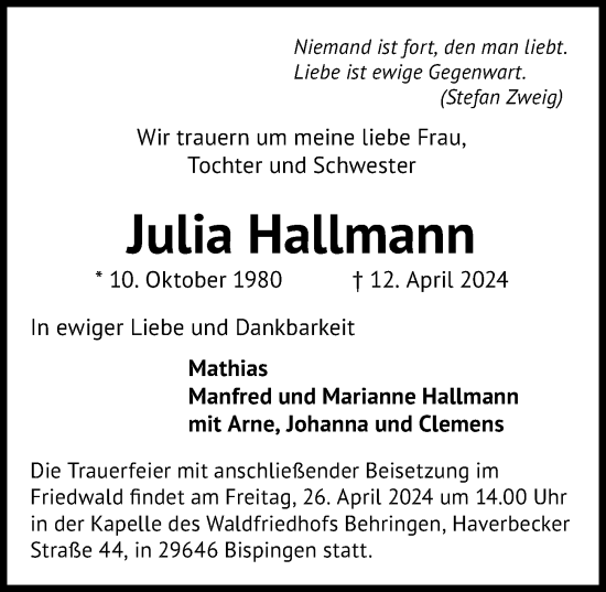 Traueranzeige von Julia Hallmann von Aller Zeitung