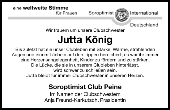 Traueranzeige von Jutta König von Peiner Allgemeine Zeitung