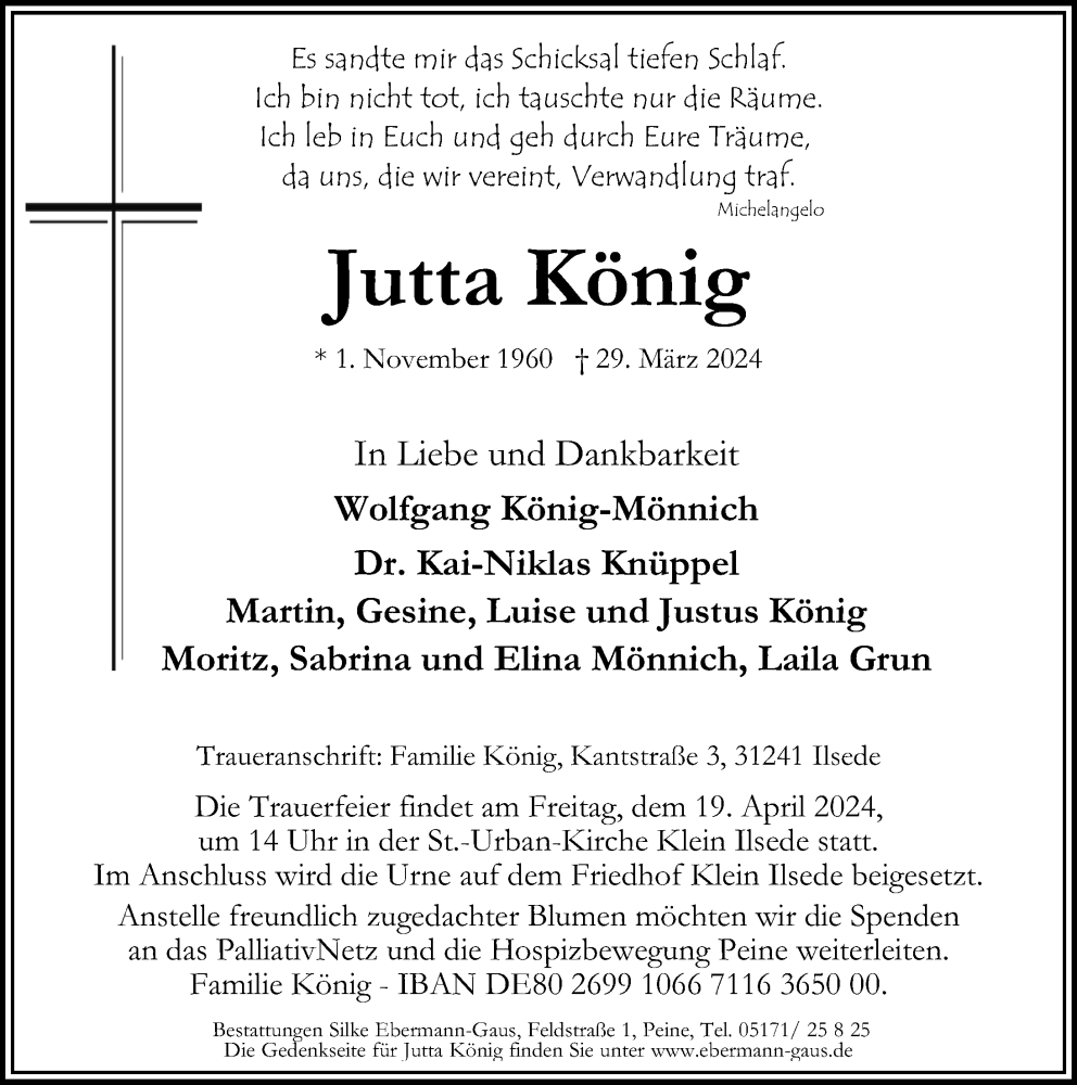  Traueranzeige für Jutta König vom 06.04.2024 aus Peiner Allgemeine Zeitung