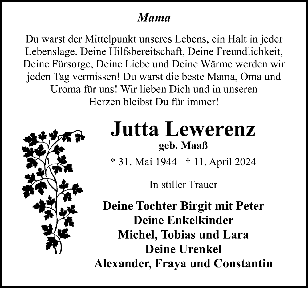  Traueranzeige für Jutta Lewerenz vom 17.04.2024 aus Ostsee-Zeitung GmbH