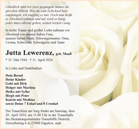 Traueranzeige von Jutta Lewerenz von Ostsee-Zeitung GmbH