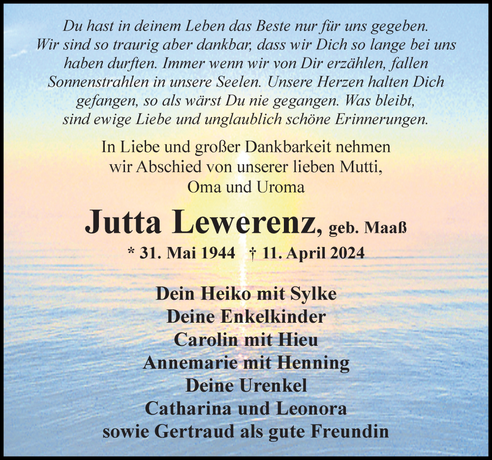  Traueranzeige für Jutta Lewerenz vom 17.04.2024 aus Ostsee-Zeitung GmbH