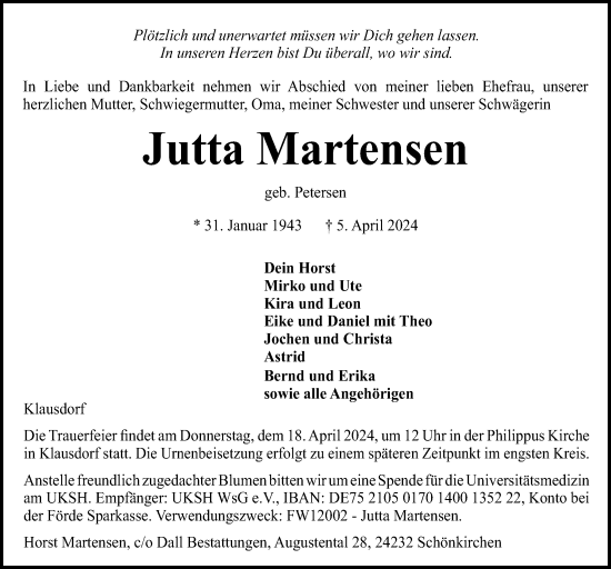 Traueranzeige von Jutta Martensen von Kieler Nachrichten