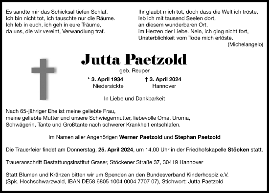 Traueranzeige von Jutta Paetzold von Hannoversche Allgemeine Zeitung/Neue Presse