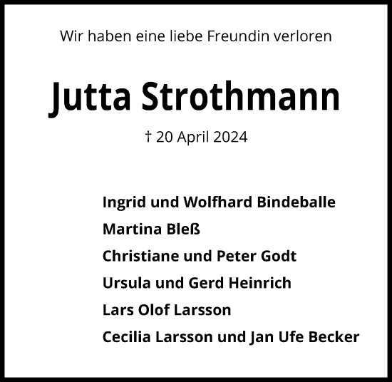 Traueranzeige von Jutta Strothmann von Kieler Nachrichten