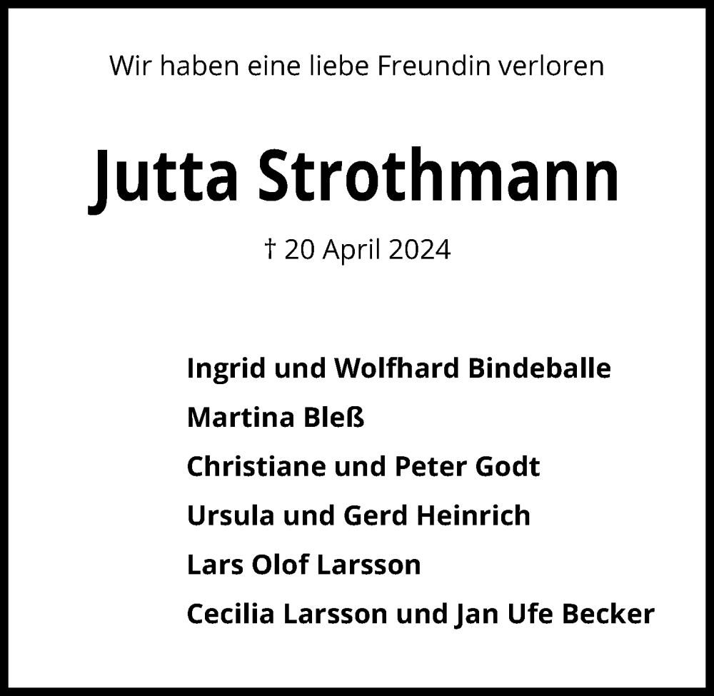  Traueranzeige für Jutta Strothmann vom 27.04.2024 aus Kieler Nachrichten