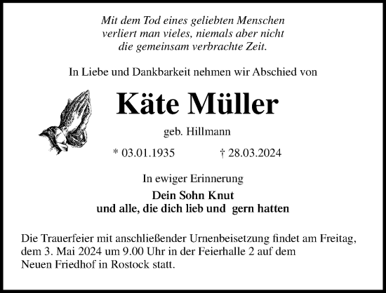 Traueranzeige von Käte Müller von Ostsee-Zeitung GmbH