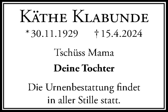 Traueranzeige von Käthe Klabunde von Hannoversche Allgemeine Zeitung/Neue Presse