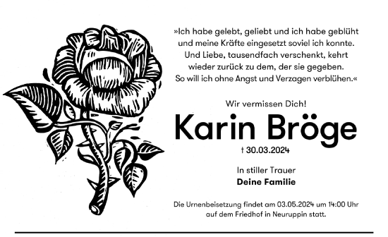 Traueranzeige von Karin Bröge von Märkischen Allgemeine Zeitung