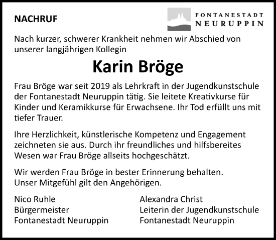 Traueranzeige von Karin Bröge von Märkischen Allgemeine Zeitung