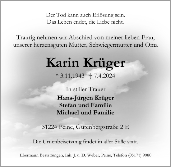 Traueranzeige von Karin Krüger von Peiner Allgemeine Zeitung