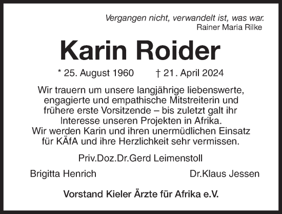 Traueranzeige von Karin Roider von Kieler Nachrichten