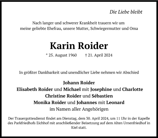 Traueranzeige von Karin Roider von Kieler Nachrichten