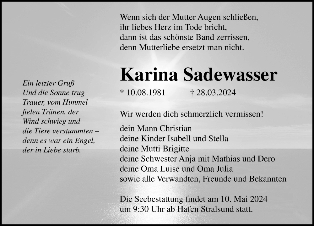  Traueranzeige für Karina Sadewasser vom 20.04.2024 aus Ostsee-Zeitung GmbH