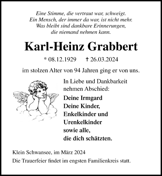 Traueranzeige von Karl-Heinz Grabbert von Ostsee-Zeitung GmbH