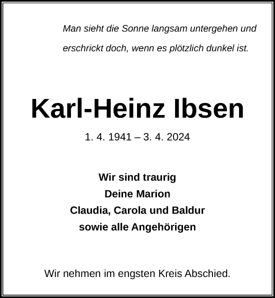 Traueranzeige von Karl-Heinz Ibsen von Kieler Nachrichten