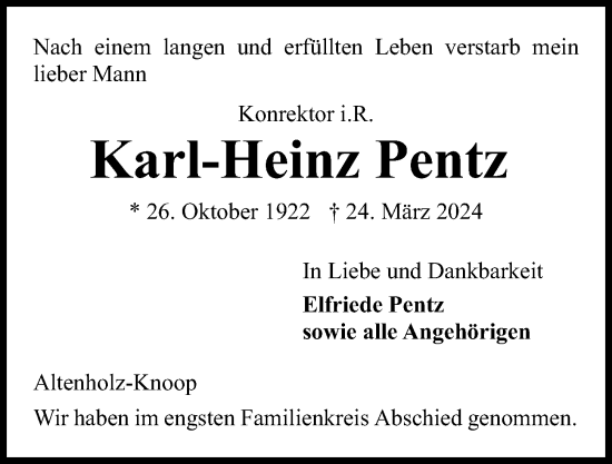 Traueranzeige von Karl-Heinz Pentz von Kieler Nachrichten
