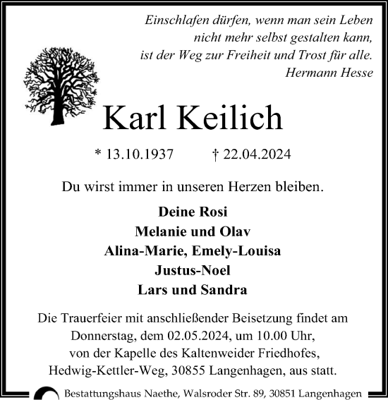 Traueranzeige von Karl Keilich von Hannoversche Allgemeine Zeitung/Neue Presse