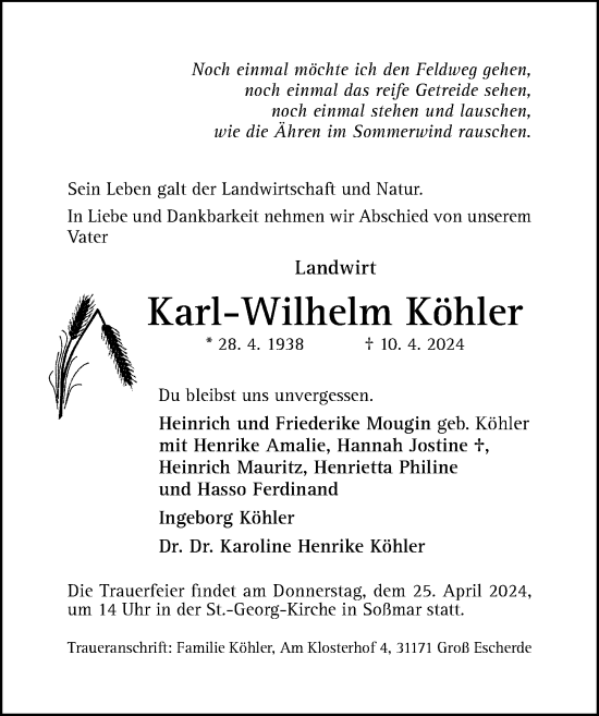 Traueranzeige von Karl-Wilhelm Köhler von Peiner Allgemeine Zeitung