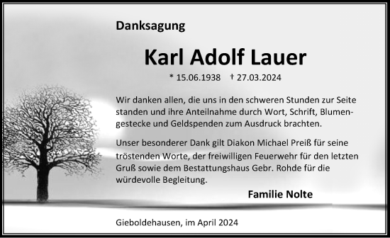 Traueranzeige von Karl Adolf Lauer von Eichsfelder Tageblatt