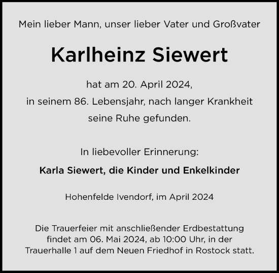 Traueranzeige von Karlheinz Siewert von Ostsee-Zeitung GmbH