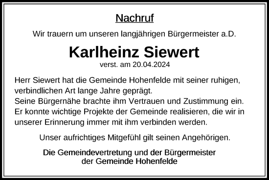 Traueranzeige von Karlheinz Siewert von Ostsee-Zeitung GmbH