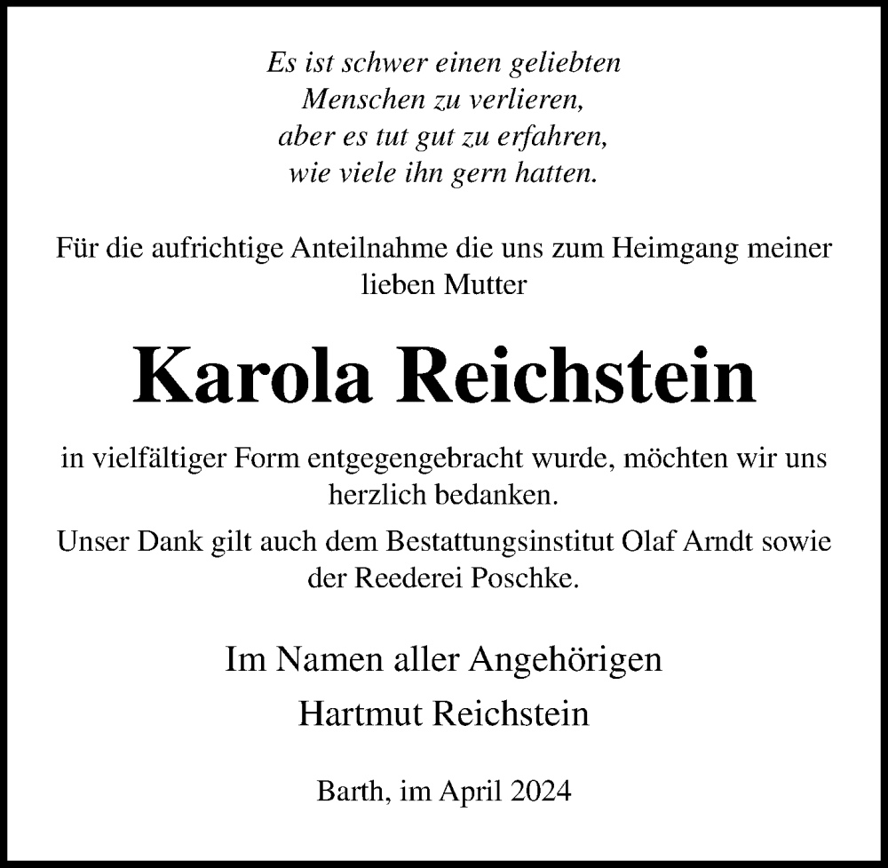  Traueranzeige für Karola Reichstein vom 13.04.2024 aus Ostsee-Zeitung GmbH