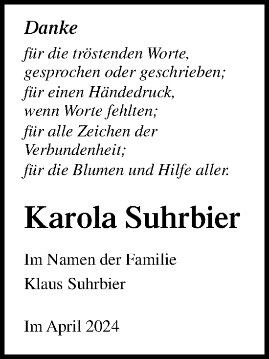 Traueranzeige von Karola Suhrbier von Ostsee-Zeitung GmbH
