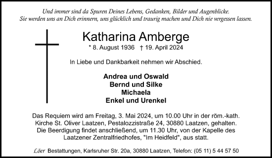 Traueranzeige von Katharina Amberge von Hannoversche Allgemeine Zeitung/Neue Presse