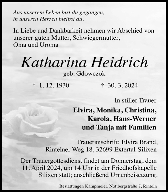 Traueranzeige von Katharina Heidrich von Schaumburger Nachrichten und Schaumburger Zeitung/ Landes-Zeitung