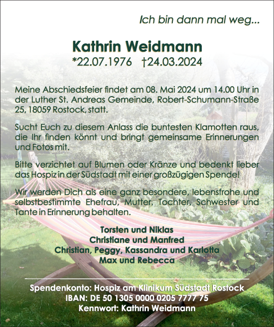 Traueranzeige von Kathrin Weidmann von Ostsee-Zeitung GmbH