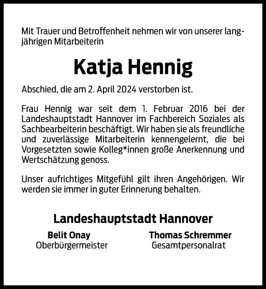 Traueranzeige von Katja Hennig von Hannoversche Allgemeine Zeitung/Neue Presse