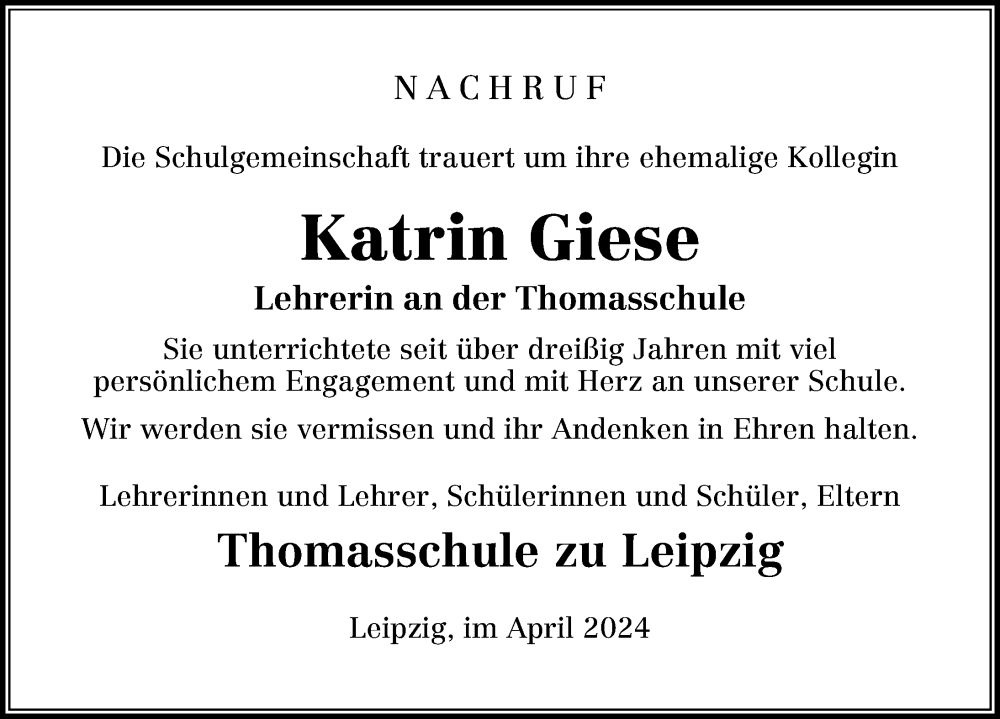  Traueranzeige für Katrin Giese vom 20.04.2024 aus Leipziger Volkszeitung
