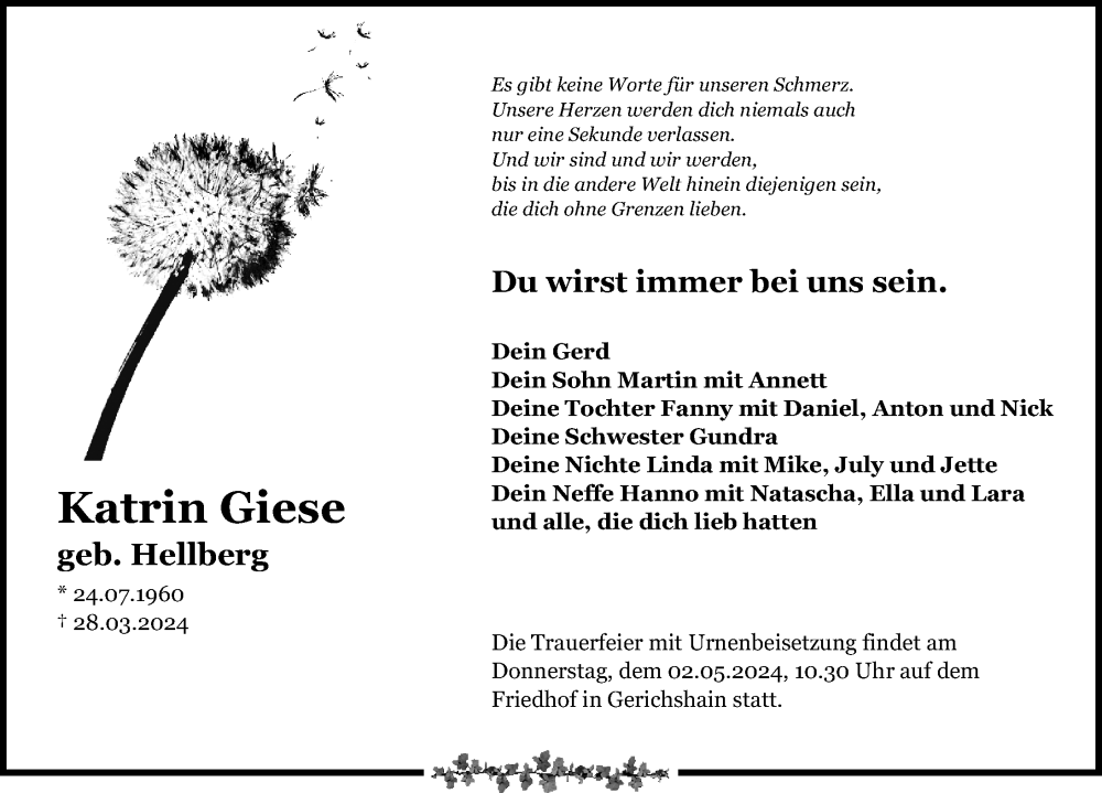  Traueranzeige für Katrin Giese vom 13.04.2024 aus Leipziger Volkszeitung
