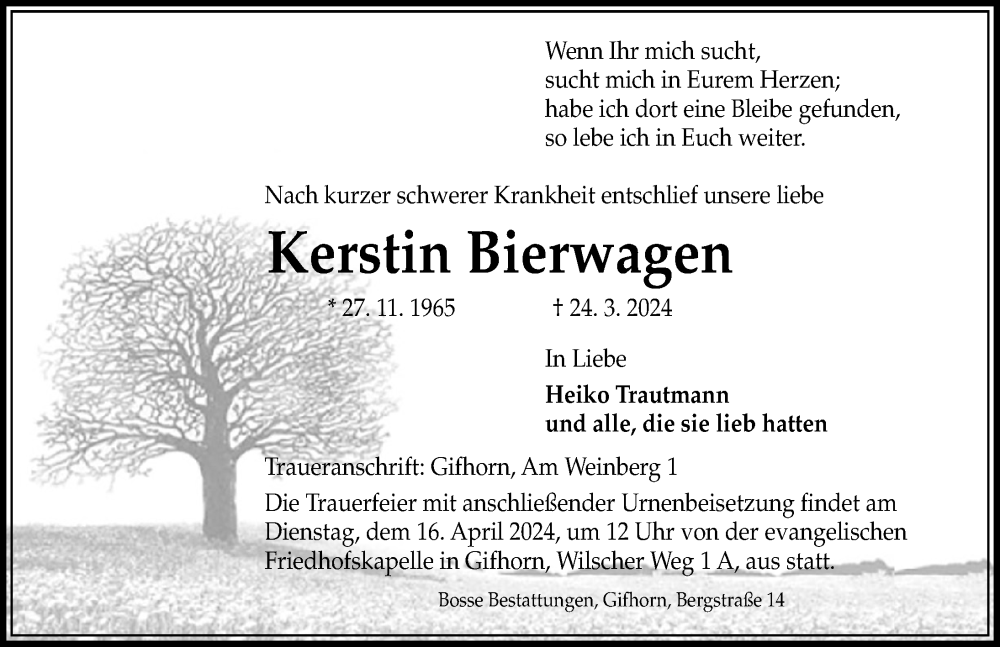  Traueranzeige für Kerstin Bierwagen vom 12.04.2024 aus Aller Zeitung