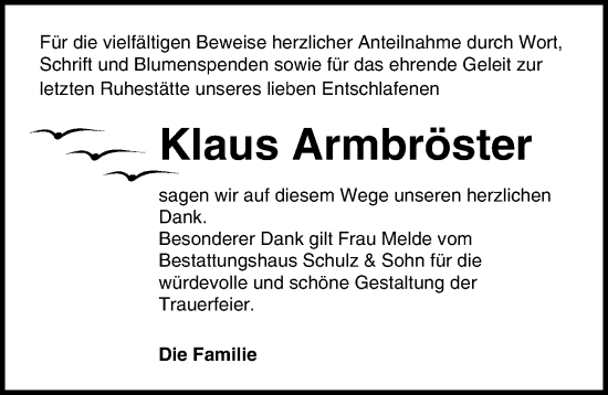 Traueranzeige von Klaus Armbröster von Ostsee-Zeitung GmbH